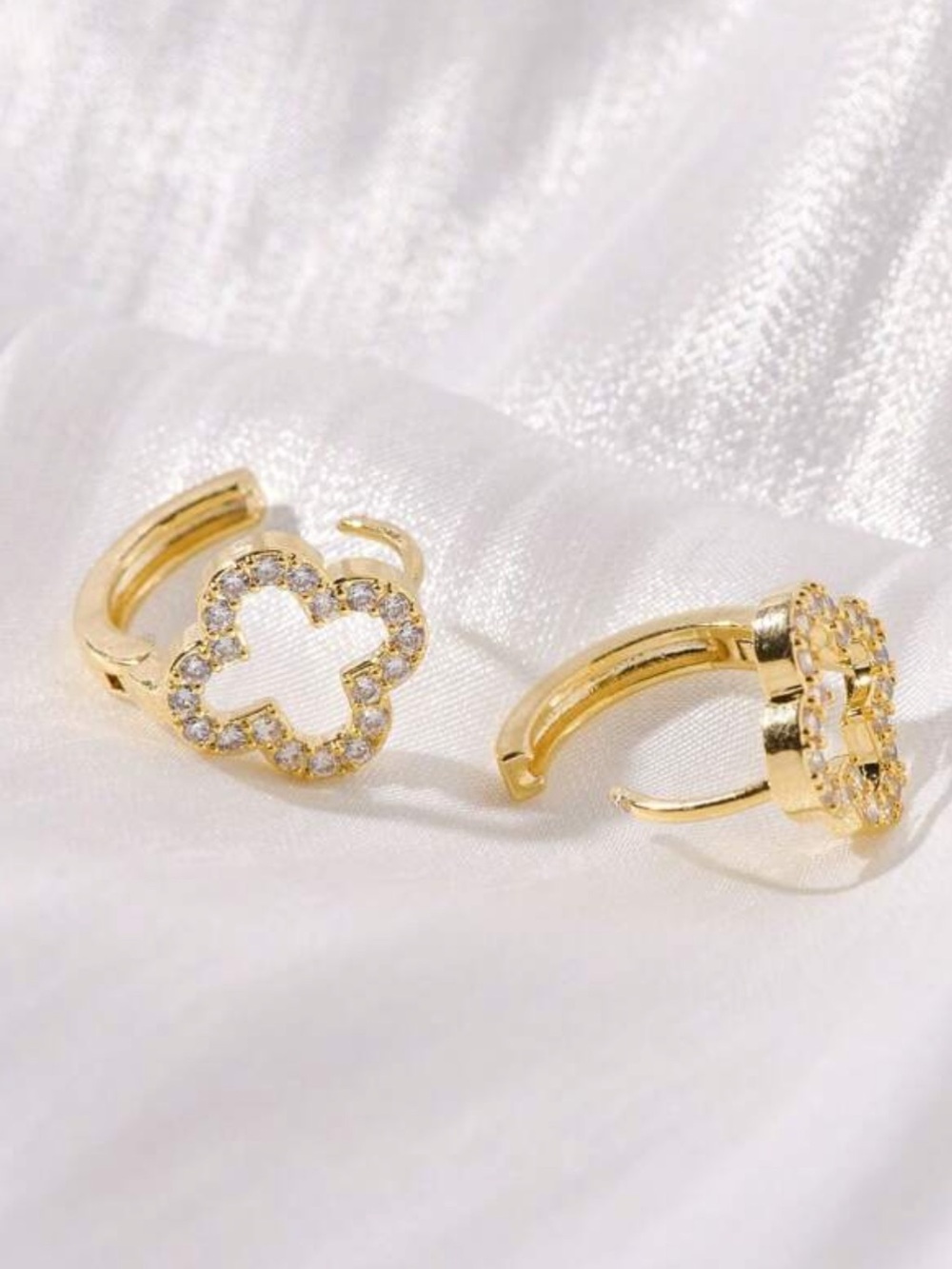 Gold Clover Huggie Earrings with Crystal Outline